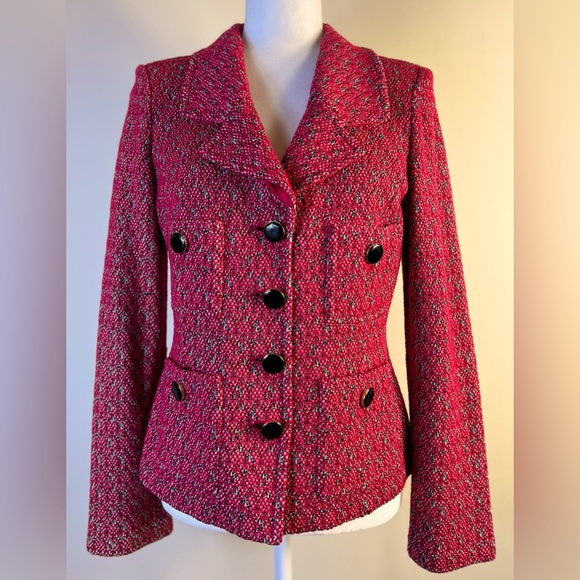 St. John Knit Red, Black and White Boucle Patterned Jacket, Size 8 - Picture 1 of 15